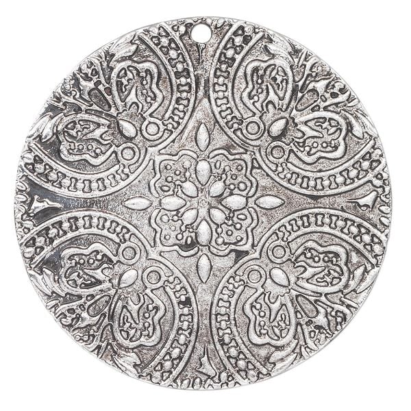 Focal, antique silver-plated "pewter" (zinc-based alloy), 42mm single-sided fancy round. Sold per pkg of 2. image number 0