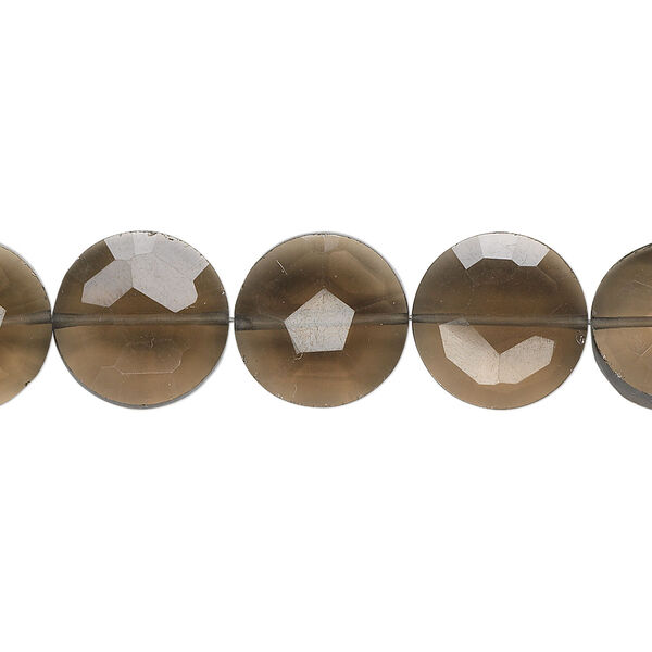Smoky quartz 1pkg5, hand-cut faceted flat round bead 12mm image number 0