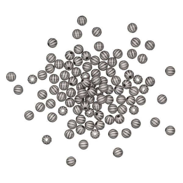 Bead, antique silver-plated brass, 4mm corrugated round. Sold per pkg of 100. image number 0