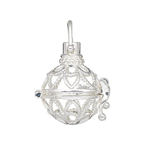 Drop, silver-finished brass, 24x18.5mm round bead cage with fancy cutout design and safety latch, fits 14mm round bead. Sold individually. image number 0