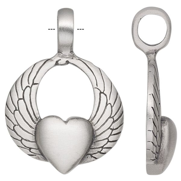 Pendant, antiqued pewter (tin-based alloy), 40.5x29mm single-sided heart with wings. Sold individually. image number 0