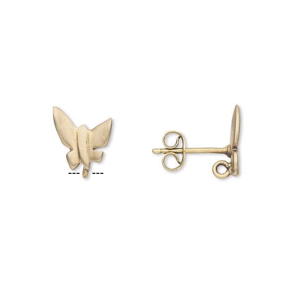 Earstud 1pkg4 brass-plated, 11x9mm matte butterfly / closed loop, brass / stainless steel 2 pair image number 0
