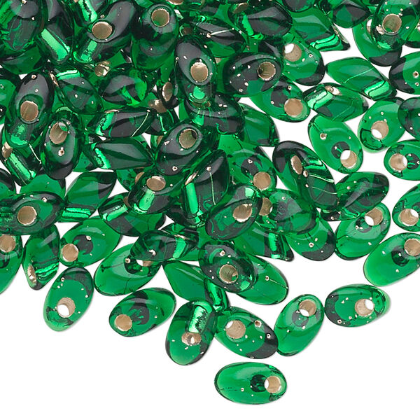 Seed bead, Miyuki, glass, pkg/10g, 7x4mm long magatama, transparent silver-lined emerald green (LMA-16). image number 0