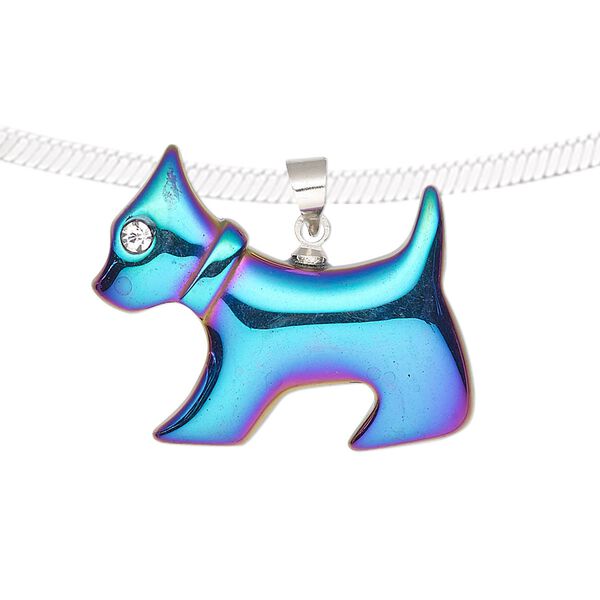 Hemalyke™ / brass / glass rhinestone 1pkg1, electroplated silver-finished 1-sided dog pendant 28x25mm image number 0