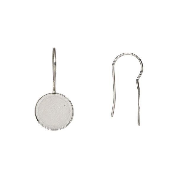 Ear wire fishhook 1pkg4 Almost Instant Jewelry®, 23mm / 10mm round cab glue-in setting, 21 gauge stainless steel 2 pair image number 0