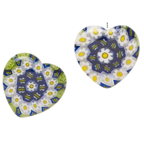 Bead, millefiori glass, translucent mixed colors, 19mm half-drilled puffed heart with flower and butterfly design, 0.6-0.8mm hole. Sold per pkg of 2. image number 0