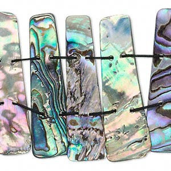 Bead, paua shell (natural), 43x11mm double-drilled stick, Mohs hardness 3-1/2. Sold per 15" to 16" strand. image number 0