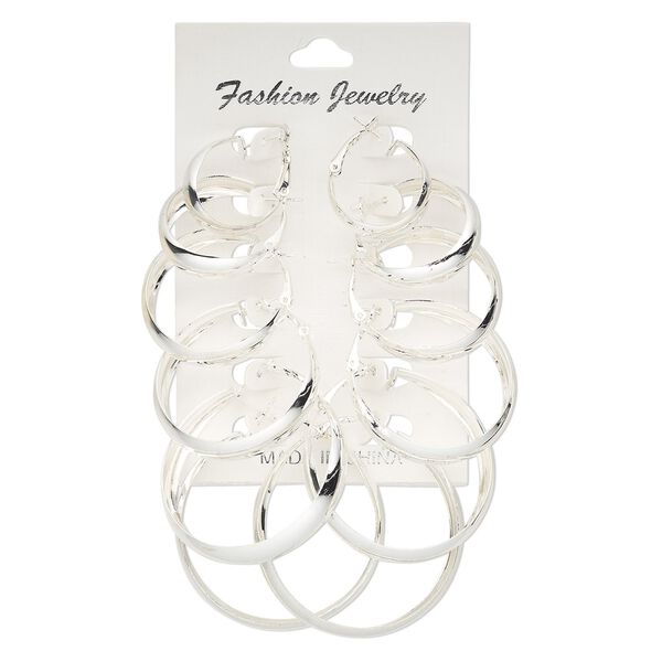 Earring, silver-plated steel, 24-51mm round hoop with hinged closure. Sold per pkg of 6 pairs. image number 0