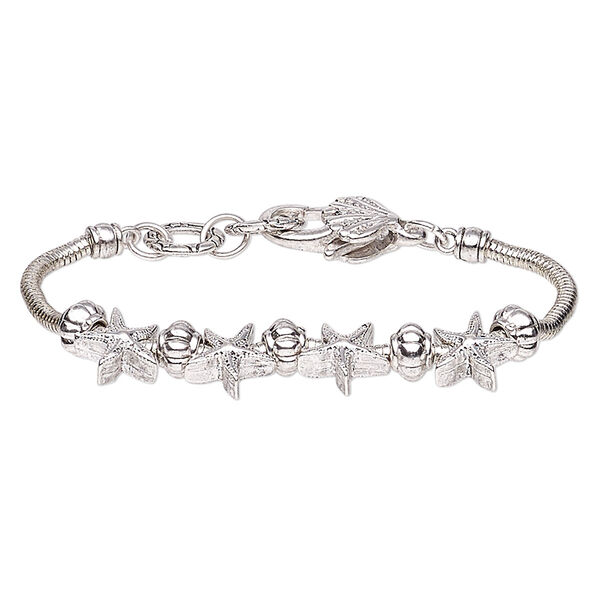 Bracelet, antique silver-plated brass and steel, 14mm wide with starfish, 7-1/2 inches with lobster claw clasp. Sold individually. image number 0