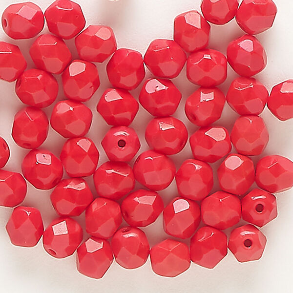 Bead, Czech fire-polished glass, opaque red, 6mm faceted round. Sold per pkg of 50. image number 0