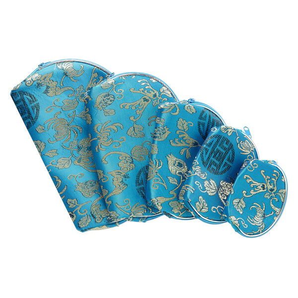 Pouch, rayon and plastic, multicolored, 4x3-inch to 8-1/2 x 5-1/2 inch graduated half round with vine and flower design with zipper closure. Sold per 5-piece set. image number 0