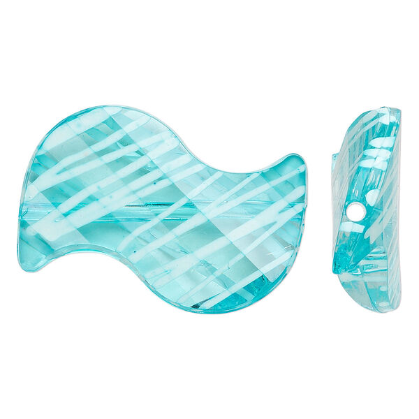 Bead, acrylic, semitransparent blue and white, 35x23mm S-shape with painted line design. Sold per pkg of 24. image number 0