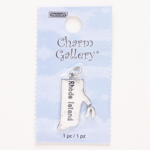 Charm, steel and enamel, pkg/1, silver finish and black, 24x15mm with "Rhode Island." image number 0