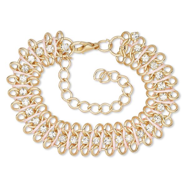Bracelet, glass rhinestone / nylon / gold-finished brass / steel / "pewter" (zinc-based alloy), light pink and clear, 15mm wide, 6 inches with 3-inch extender chain and lobster claw clasp. Sold individually. image number 0
