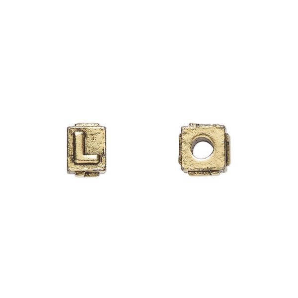 Bead, antique gold-plated pewter (tin-based alloy), 8x6mm rectangle with alphabet letter "L." Sold per pkg of 4. image number 0
