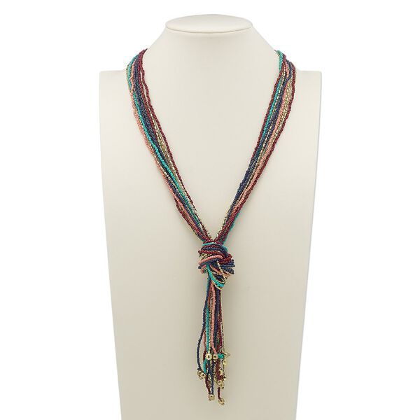 Necklace, 11-strand, glass and gold-finished steel, multicolored, 32 inches with knot. Sold individually. image number 0