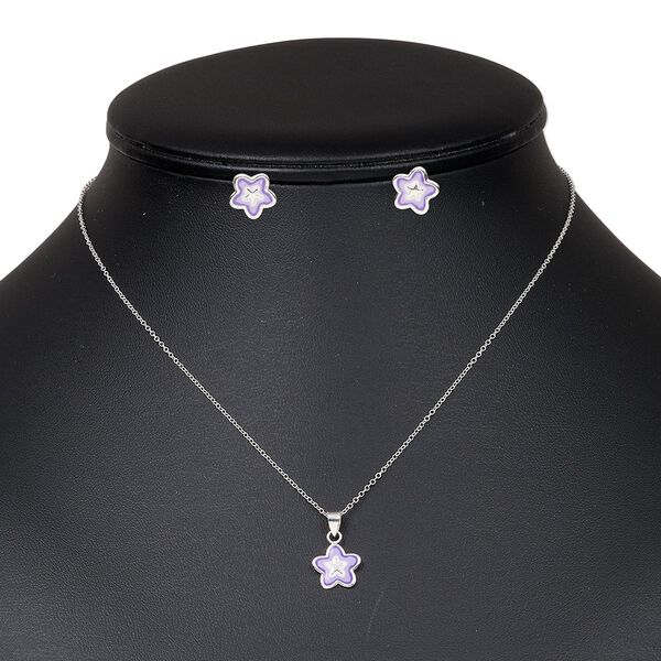 Necklace and earring set, sterling silver and enamel, white / purple / dark purple, 10.5mm star, 15" to 16" necklace with springring clasp, earrings with post. Sold per set. image number 0