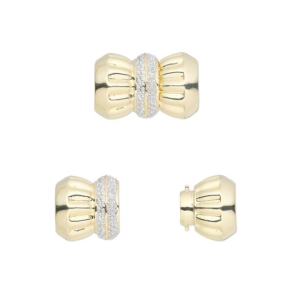 Clasp, multi-strand magnetic twist and lock, diamond (natural) and 14Kt gold, 15x10mm corrugated barrel with faceted round. Sold individually. image number 0