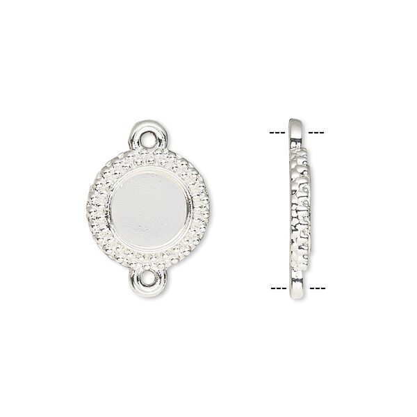 Link, silver-finished brass, 13mm single-sided beaded round with 8mm round setting. Sold per pkg of 10. image number 0