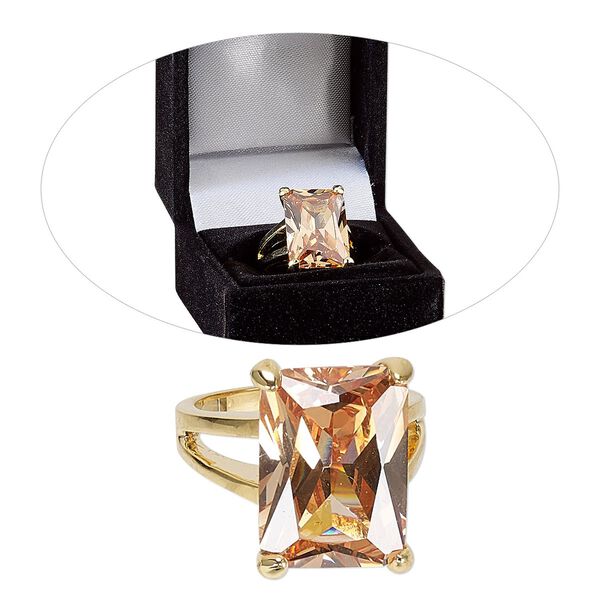 Ring, cubic zirconia and gold-finished brass, champagne, 19.5mm rectangle, size 8. Sold individually. image number 0