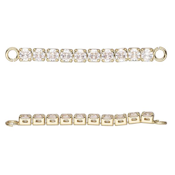 Link, cubic zirconia and gold-finished brass, clear, 35x3mm single-sided cupchain. Sold individually. image number 0