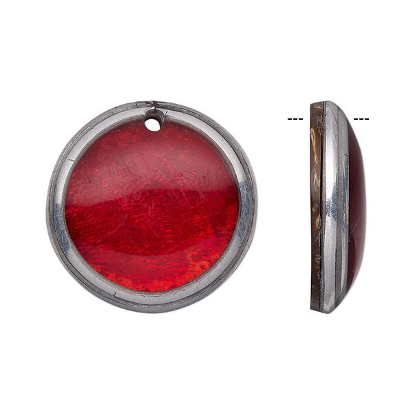Drop, wood / Capiz shell / resin / aluminum (natural / dyed / assembled), red and clear, 24mm single-sided flat round. Sold individually. image number 0