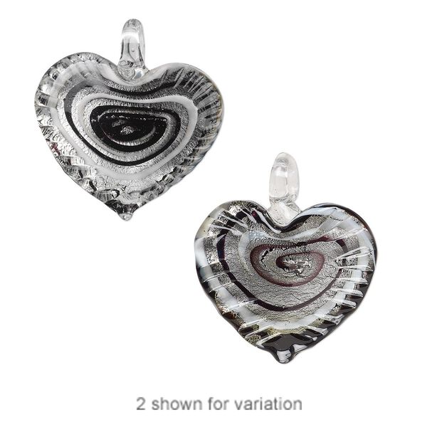 Pendant, lampworked glass, black and white with silver-colored foil, 42x40mm single-sided wavy heart with swirls. Sold individually. image number 0