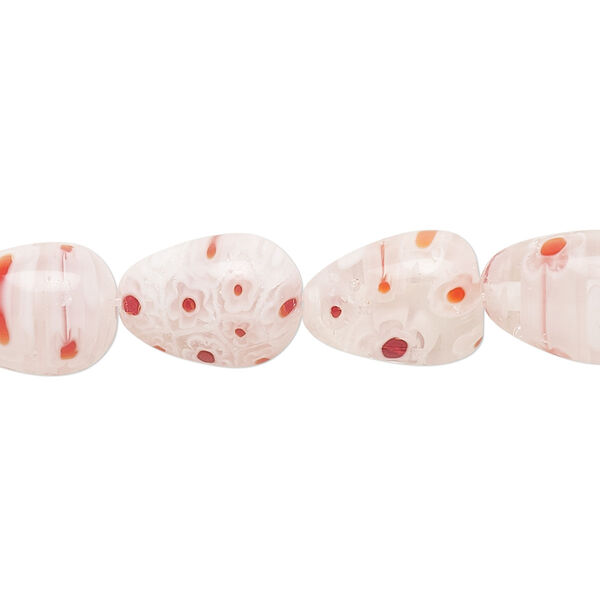 Bead, millefiori glass, translucent clear / white / dark red / orange, teardrop 14x10mm with flower design. Sold per 14-inch strand. image number 0