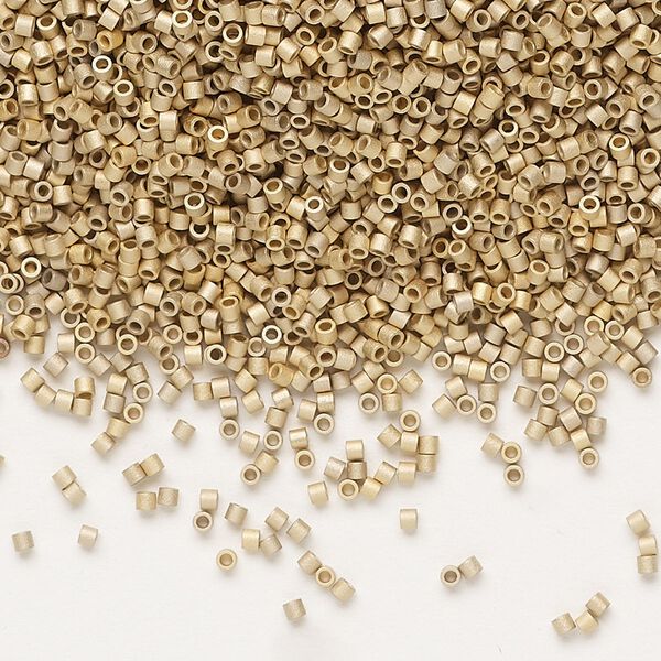 Seed bead, Delica®, glass, pkg/50g, #15 round, opaque 24Kt gold-plated matte light (DBS-0334). image number 0