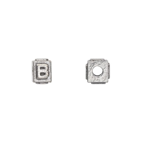 Bead, antiqued pewter (tin-based alloy), 8x6mm rectangle with alphabet letter "B". Sold per pkg of 4. image number 0
