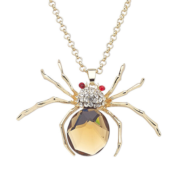 Necklace, glass rhinestone / glass / gold-finished steel / "pewter" (zinc-based alloy), brown / clear / red, 2-3/4 x 2-inch spider, 29 inches with 3-inch extender chain and lobster claw clasp. Sold individually. image number 0