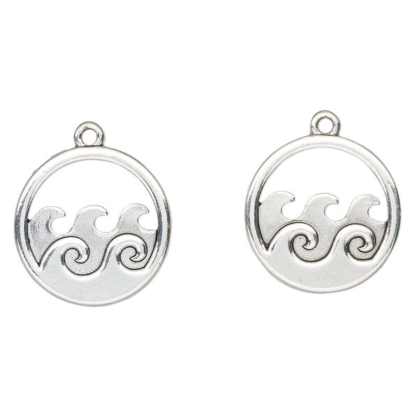 Charm, antique silver-finished "pewter" (zinc-based alloy), 23mm round with waves cutout. Sold per pkg of 2. image number 0