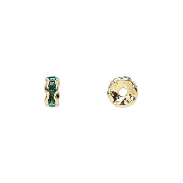 Bead, glass rhinestone and gold-finished brass, emerald green, 6x3mm rondelle. Sold per pkg of 10. image number 0
