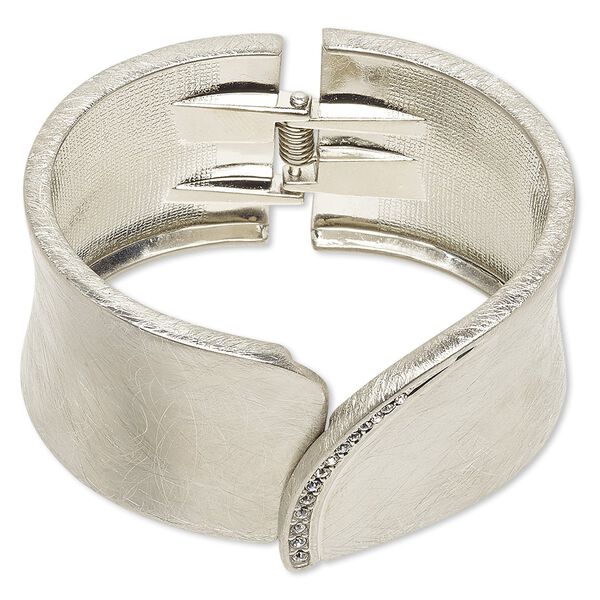 Bracelet, hinged bangle, glass rhinestone with imitation rhodium-plated steel and "pewter" (zinc-based alloy), clear, 37mm brushed oval, 6-1/2 inches. Sold individually. image number 0