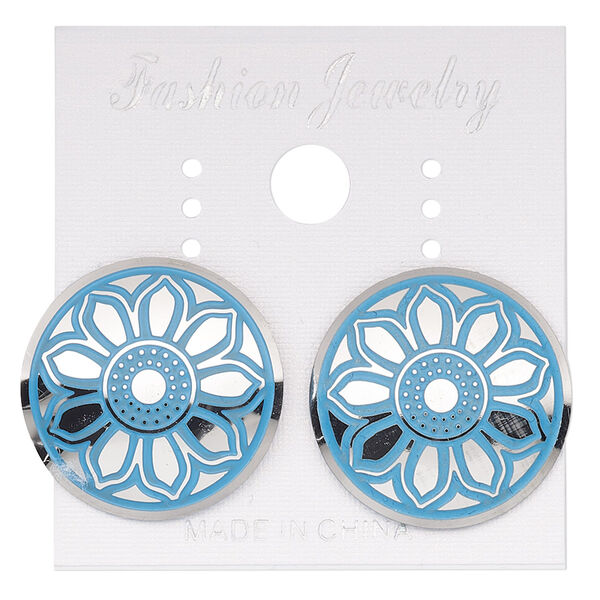 Earstud, stainless steel, blue patina, 20mm round with flower mandala design. Sold per pair. image number 0