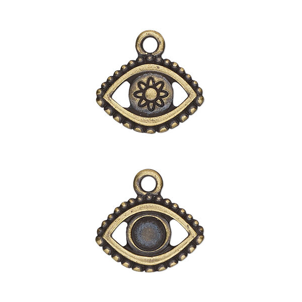 Charm, TierraCast®, "Happy Go Lucky" collection, antique brass-plated pewter (tin-based alloy), 16x11mm two-sided evil eye with SS20 flat back glue-in setting. Sold per pkg of 2. image number 0