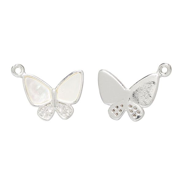 Charm 1pkg2 brass / mother-of-pearl shell / glass rhinestone, 15x12mm butterfly, bleached silver finish / white / clear image number 0