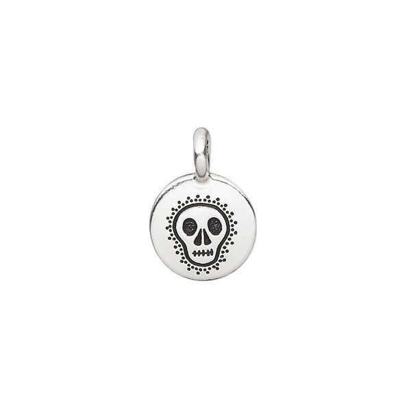 Drop, TierraCast®, antique silver-plated pewter (tin-based alloy), 12mm single-sided flat round with fancy skull. Sold per pkg of 20. image number 0