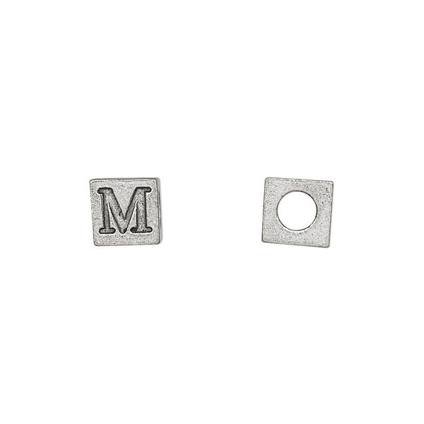 Bead, antiqued pewter (tin-based alloy), 7mm cube with Greek letter, MU. Sold per pkg of 4. image number 0