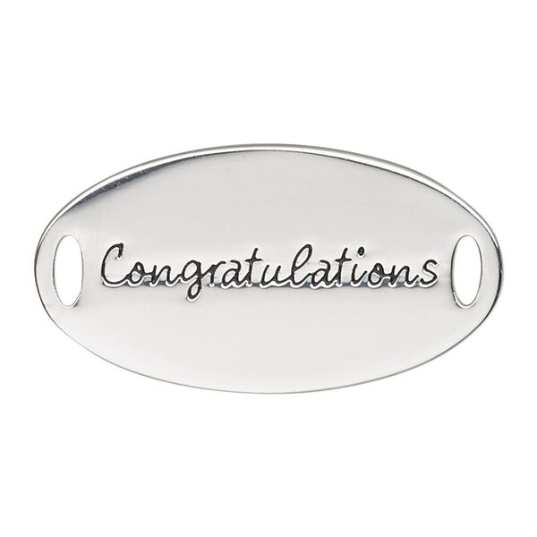 Link, antique silver-finished "pewter" (zinc-based alloy), 38x20mm single-sided flat oval with "Congratulations." Sold individually. image number 0