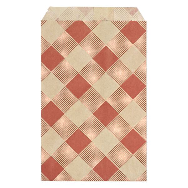 Bag, paper, brown and red, 6x4 inch rectangle with plaid-print and scalloped top edge. Sold per pkg of 100. image number 0