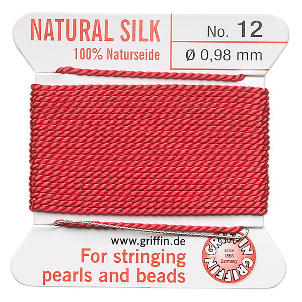 Thread, Griffin, silk, red, size #12. Sold per 2-meter card (approximately 78 inches). image number 0