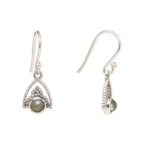 Ear wire, Create Compliments®, antiqued sterling silver and labradorite (natural), fishhook, 24.5mm with 11x9mm single-sided beaded arrowhead, 21 gauge. Sold per pair. image number 0