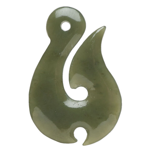 Focal, nephrite jade (natural), 38x25mm-40x27mm hand-cut two-sided hook, B Grade, Mohs hardness 6 to 6-1/2. Sold individually. image number 0