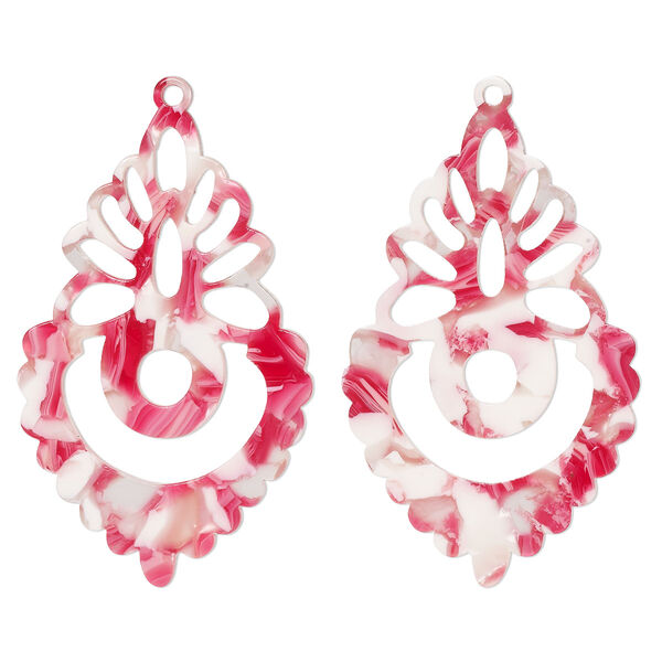 Focal, resin, pink / red / white, 50x31mm fancy teardrop with cutouts. Sold per pkg of 2. image number 0