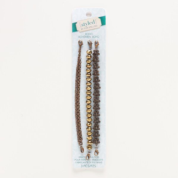 Bracelet component, acrylic / antiqued copper-finished steel / "pewter" (zinc-based alloy), metallic antique copper and gold, 6mm wide 3-strand / 8x6mm faceted rondelle / 10x10mm flower, 6 inches with lobster claw clasp. Sold per pkg of 3. image number 0