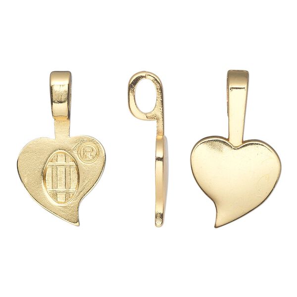 Bail, Aanraku®, glue-on, gold-plated "pewter" (zinc-based alloy), 27x13.5mm with 13.5x13mm heart flat base. Sold per pkg of 5. image number 0