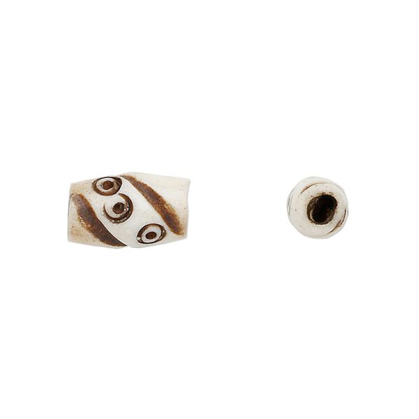 Bead, bone (dyed), antiqued brown, 13x6mm-13x8mm hand-cut carved hairpipe with assorted designs, Mohs hardness 2-1/2. Sold per pkg of 20. image number 0