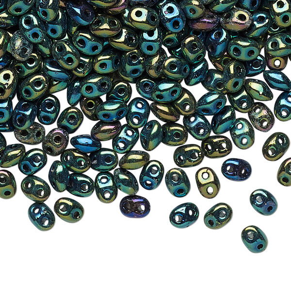 Bead, Preciosa Twin™, Pressed Twin, Czech pressed glass, iris green, 5x2.5mm oval with 2 holes. Sold per 10-gram pkg. image number 0