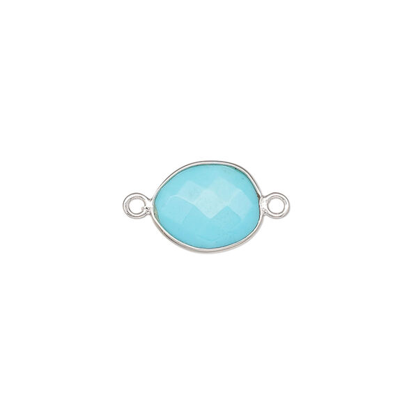 Link, magnesite (dyed / stabilized) and sterling silver, turquoise blue, 9x7mm-12x10mm oval with 8x6mm-11x9mm hand-cut double-sided faceted flat freeform oval. Sold individually. image number 0